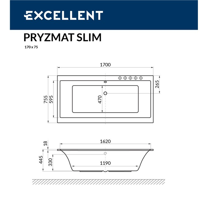 Ванна EXCELLENT Pryzmat Slim 170x75