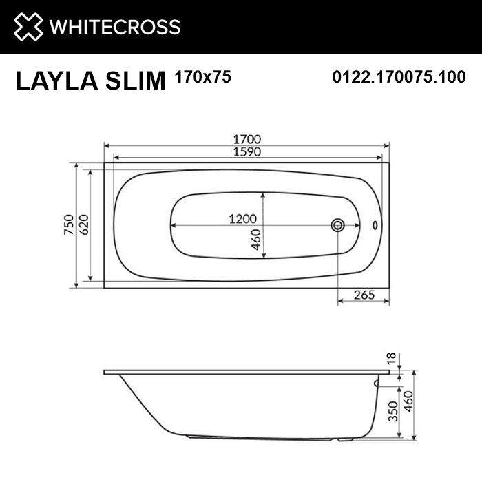 Ванна WHITECROSS Layla Slim 170x75 купить в Екатеринбурге