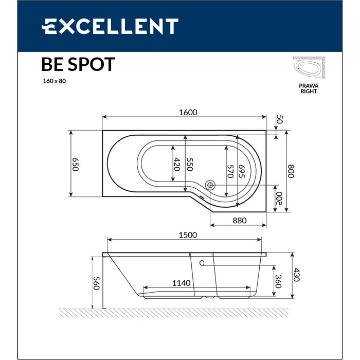 Ванна EXCELLENT Be Spot 160x80 (прав.)