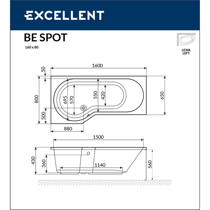 Ванна EXCELLENT Be Spot 160x80 (лев.)