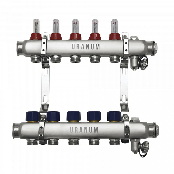 Коллектор поверхностного отопления URANUM с расходомерами, 1"х3/4" Ек, нерж. сталь,10 бар, 5 к.